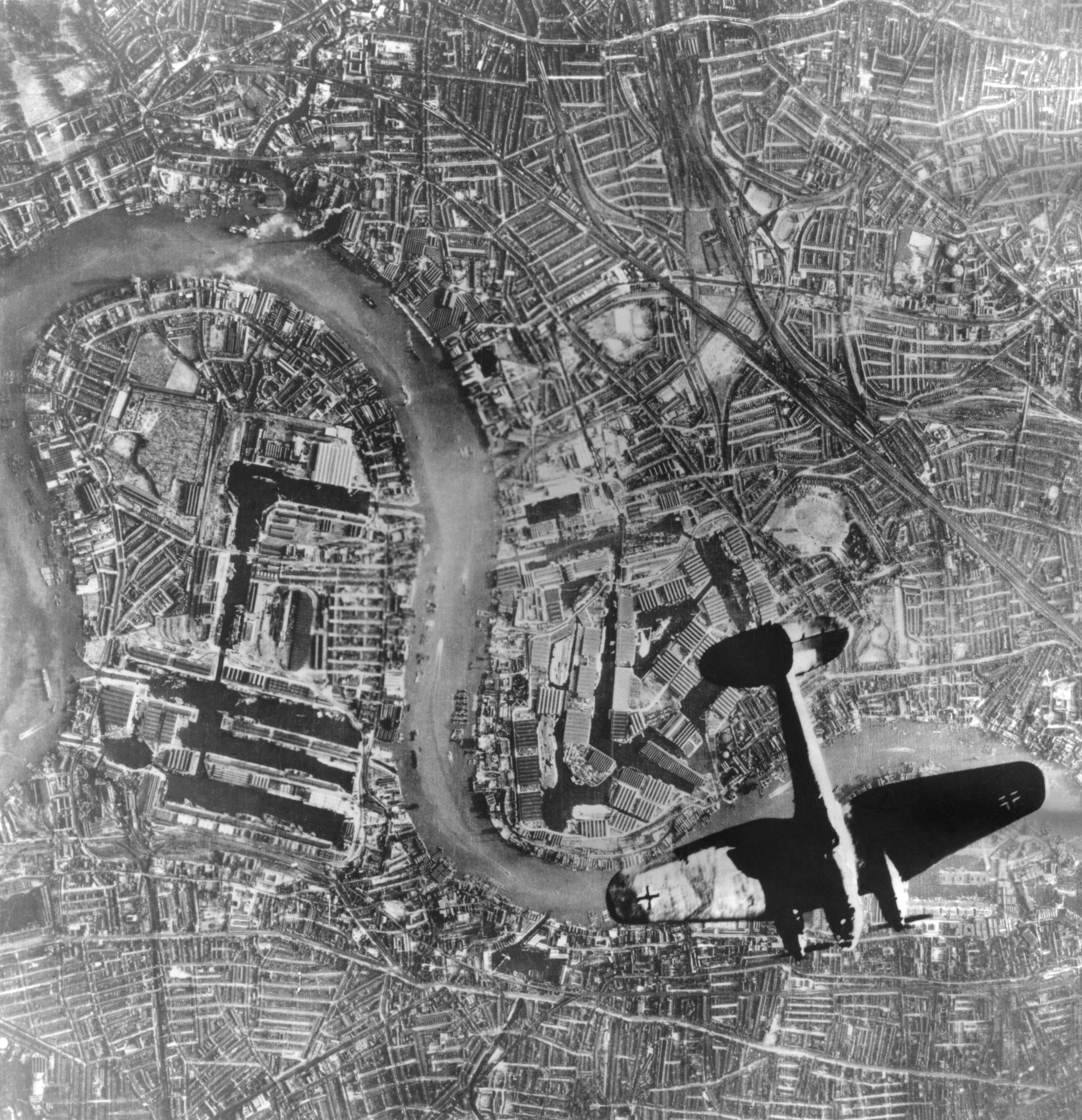 A German Heinkel 111 bomber over London. German photo taken Sept. 7, 1940 during the Battle of Britain. Credit: Shutterstock