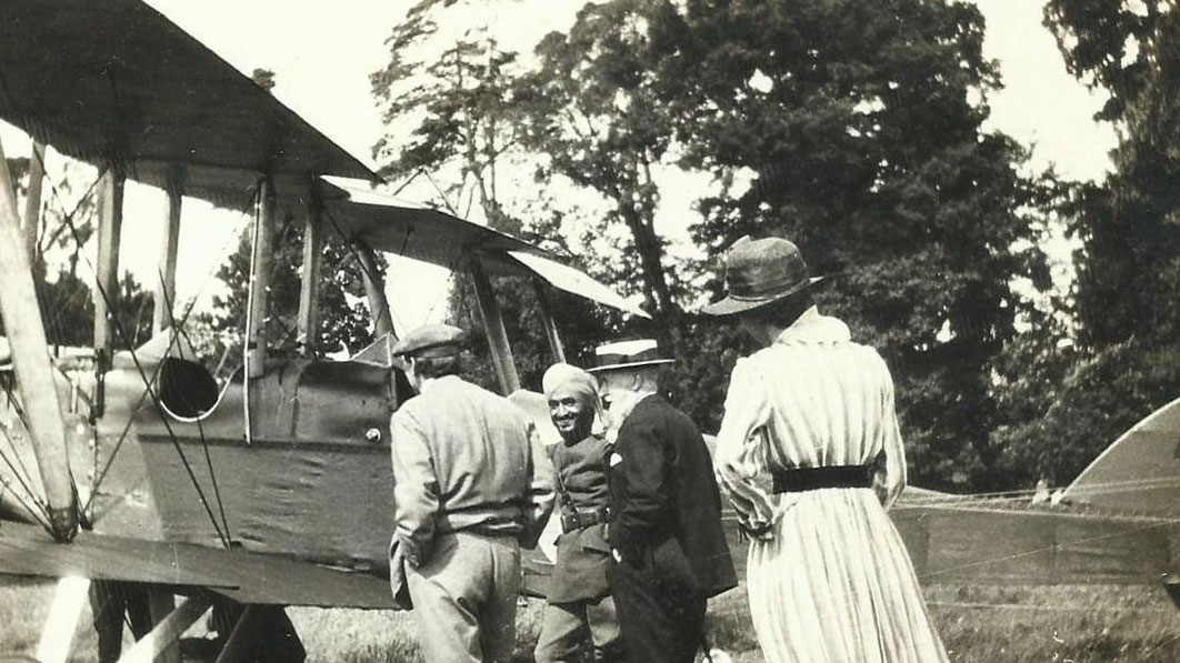 Celebrating the award of his wings at Berkeley Castle in Gloucestershire with the Earl during July 1917 CREDIT Santhya Malik