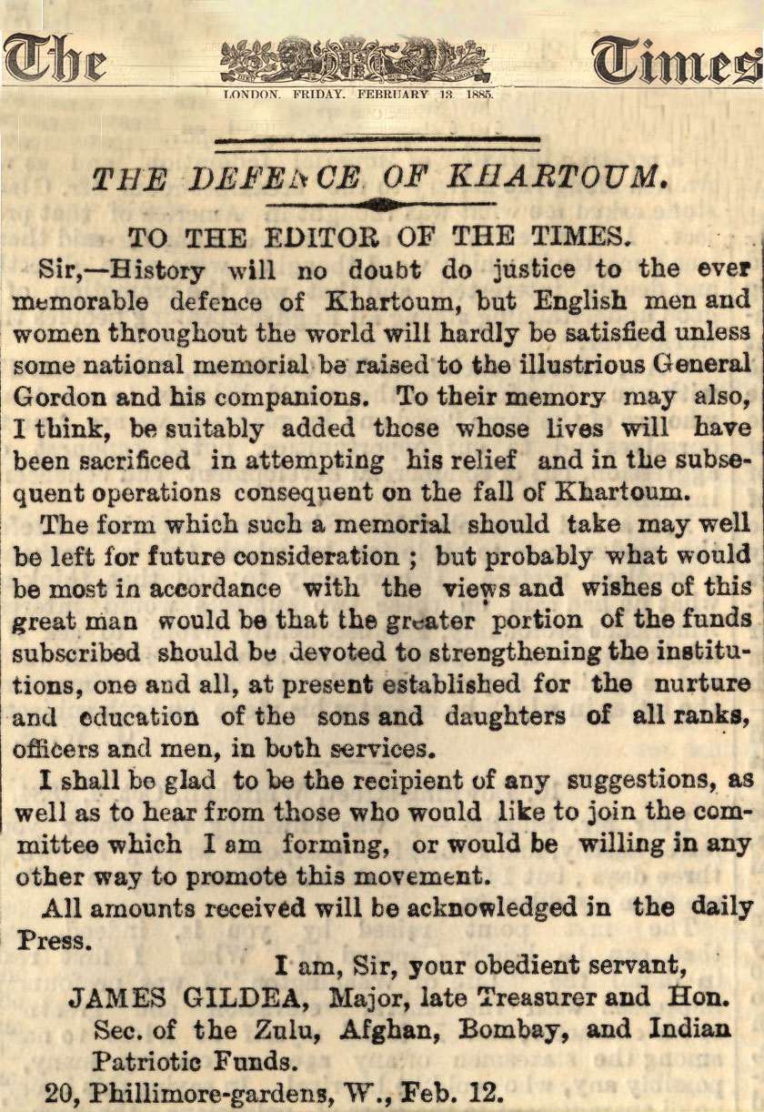 Col Sir Gildea's letter in the The Times in February 1885 CREDIT SSAFA, the Armed Forces charity