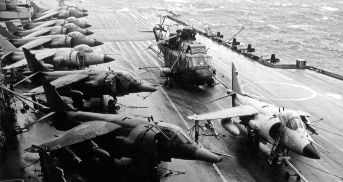 Harriers on deck of HMS Hermes cut