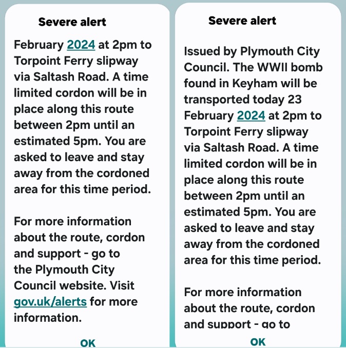 Residents in Plymouth have received these messages from the Emergency Text Alert system warning them to leave the area.