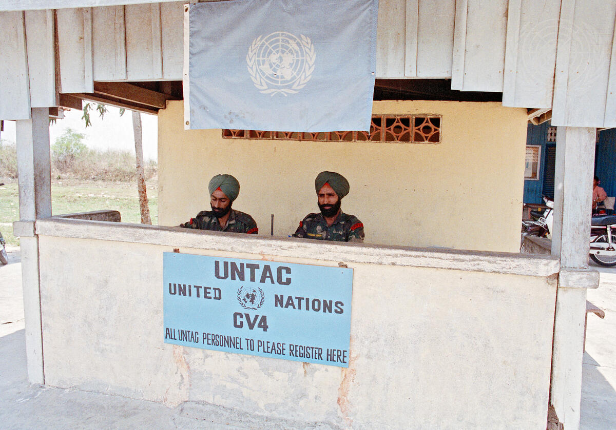 Indian soldiers monitor a check-point (CV4) on the Cambodian-Vietnam border in the province of Svay Rieng, Feb 1, 1993. Credit:  UN Photo/Pernaca Sudhakaran.