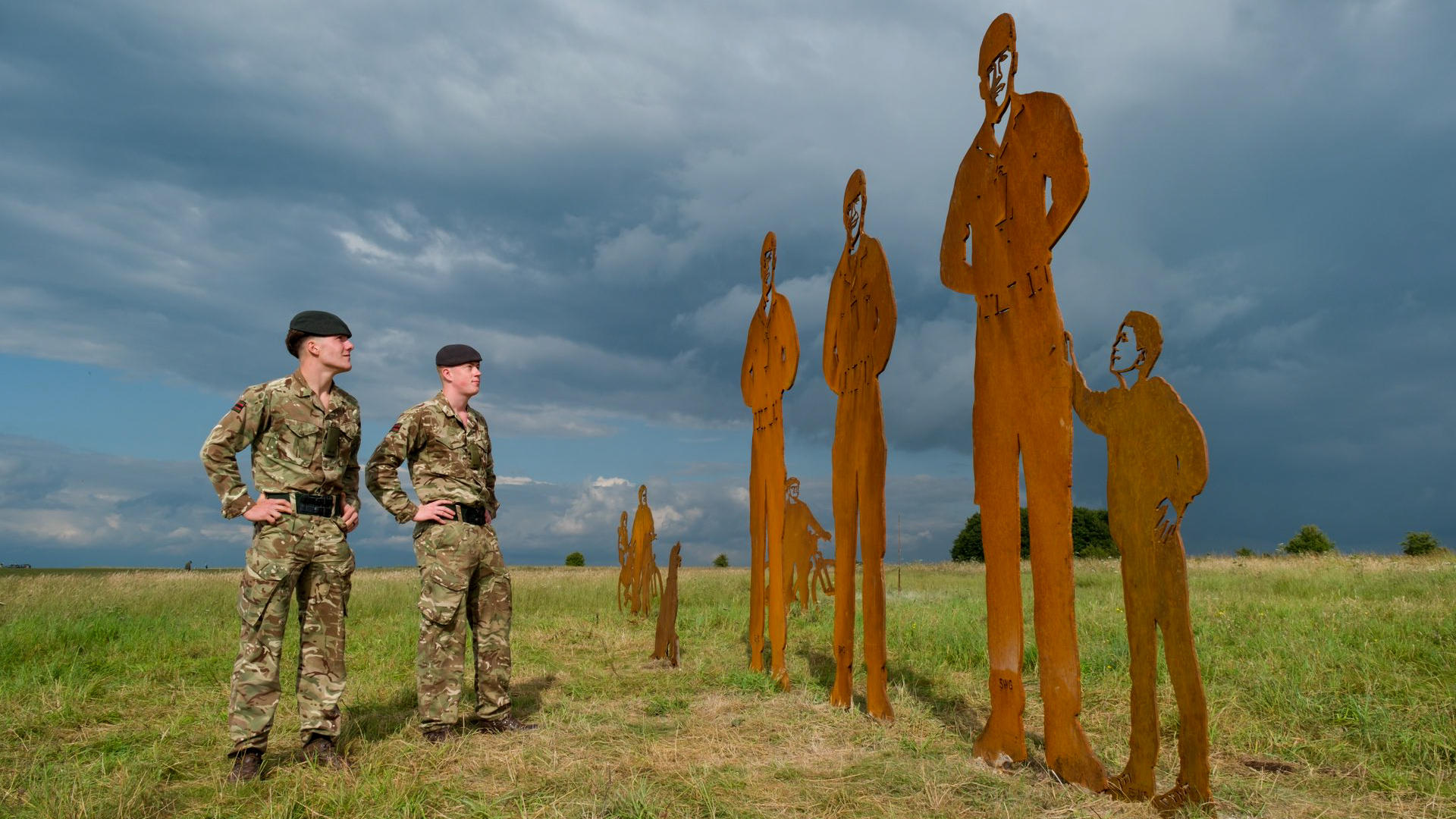 Members of 5 Rifles have been turned into giant metal statues as part of an important campaign to increase public safety around military training areas (Picture: Richard Dawson/ PA Media)