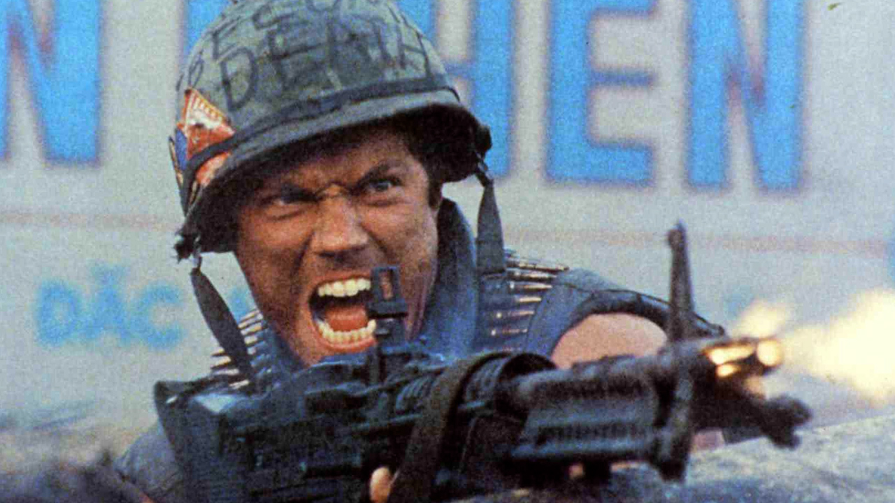 Full Metal Jacket (1987), Animal Mother played by Adam Baldwin wearing his chin strap loose in the film (Picture: Alamy).