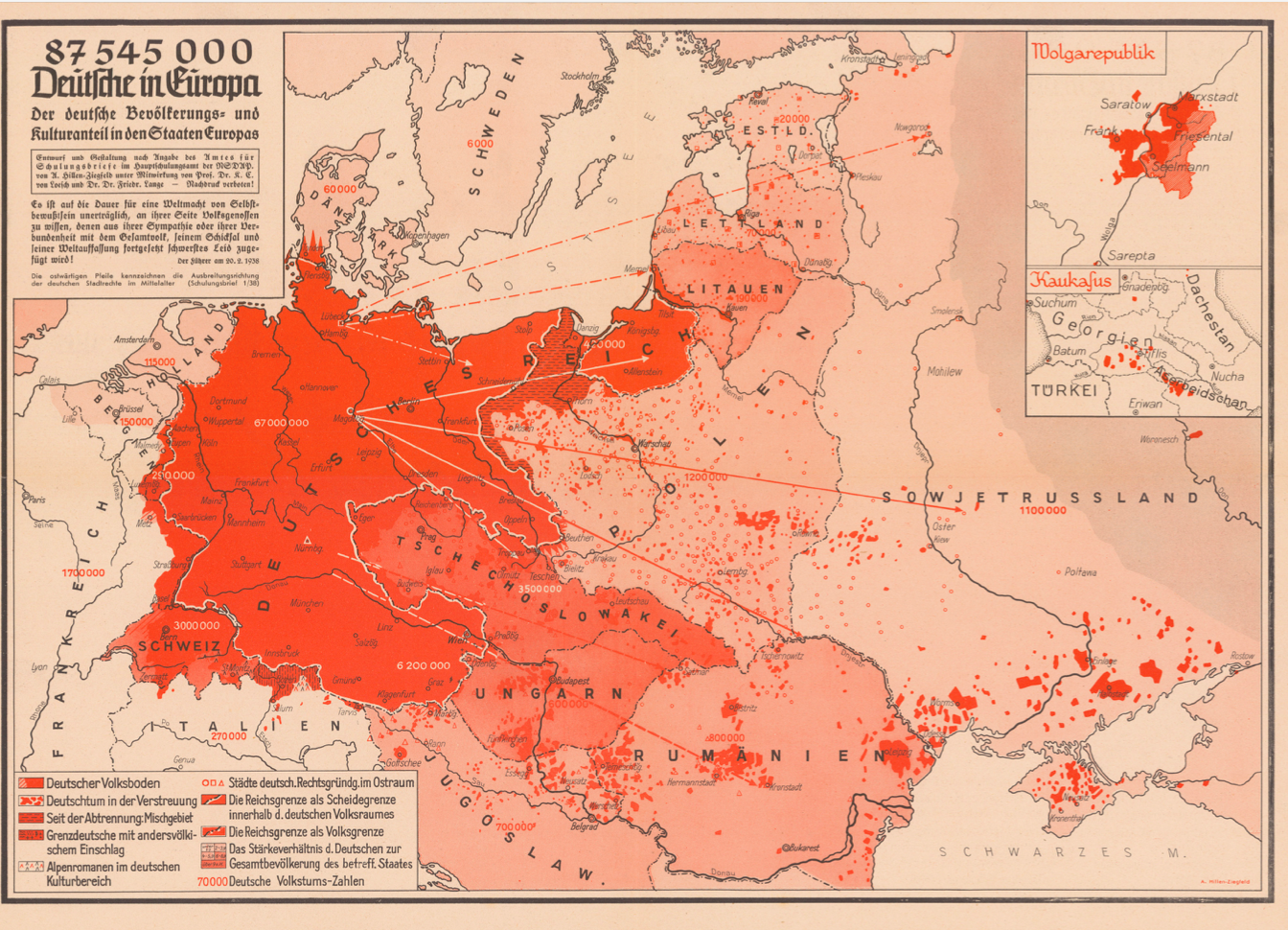 Arnold Hillen Ziegfeld's map of German diaspora, 1938. Picture: British Library.