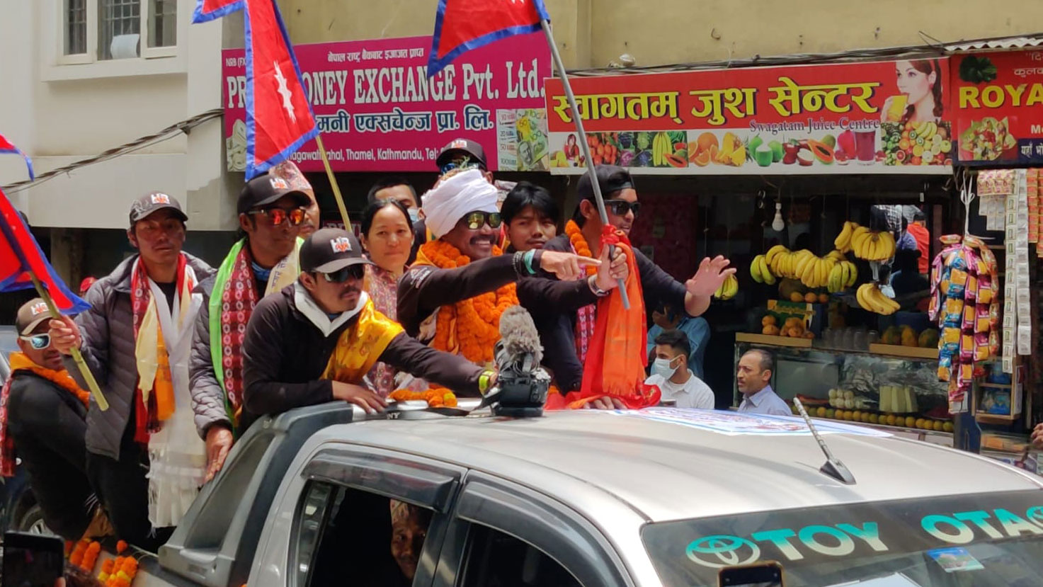 Gurkha veteran Hari Budha Magar arrives back into Kathmandu CREDIT Kiran Acharya