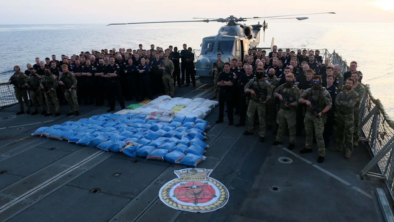 HMS Lancaster celebrated its latest drug bust and destroyed millions of pounds worth of Heroin, hashish and crystal meth (Picture: MOD).