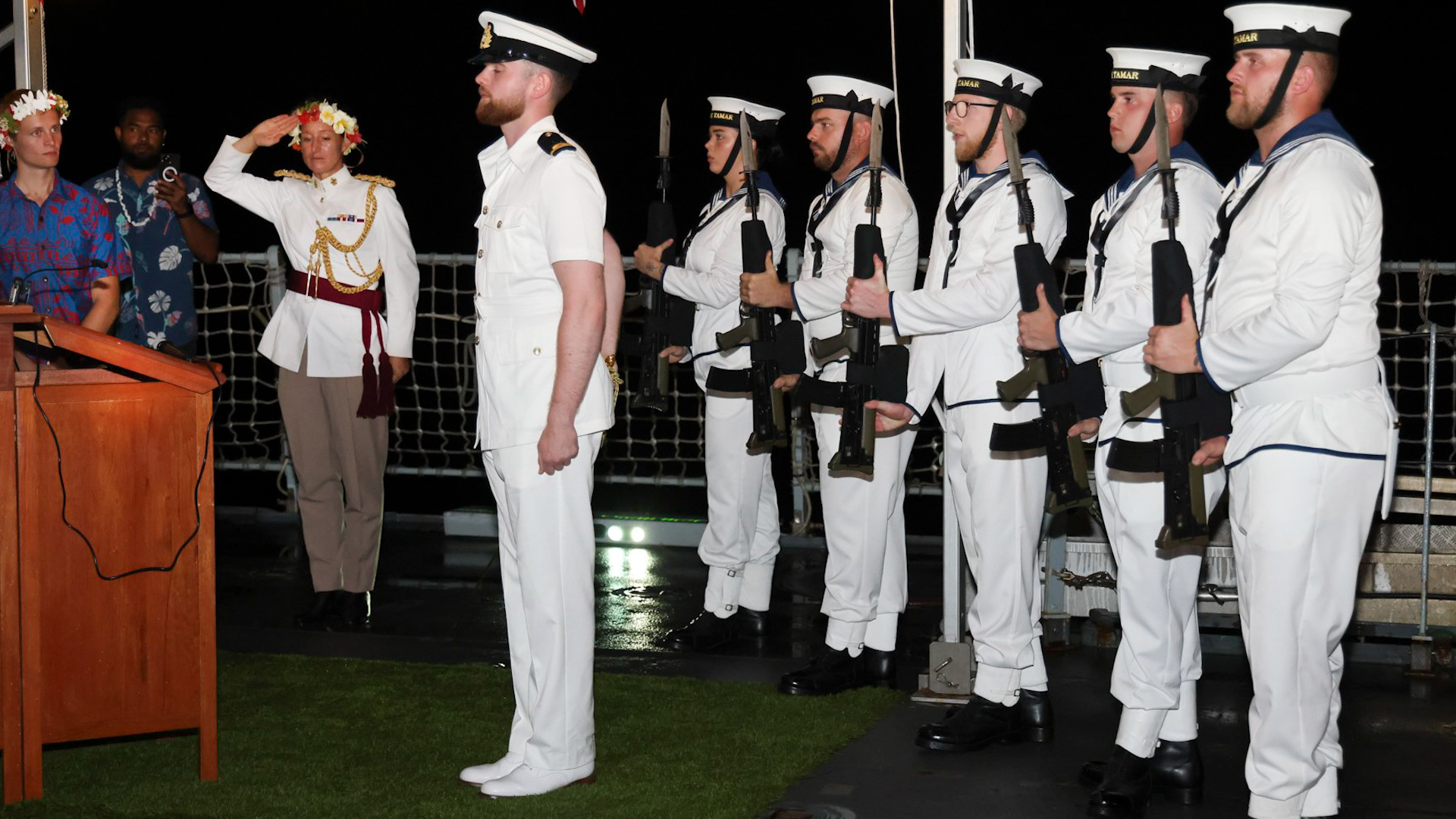 HMS Tamar took part in a visit to Tuvalu in the South Pacific where they hosted Tuvalan officials (Picture: Royal Navy)