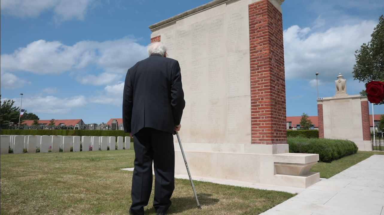 D-Day veteran John Hyde searches for his brother's name on cenotaph at Dunkirk CREDIT BFBS