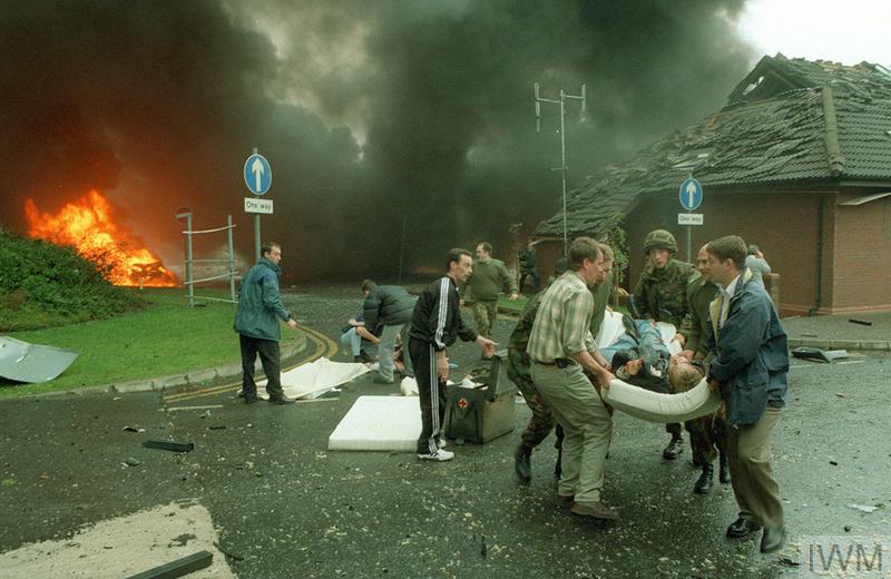 Scene at the British Army's headquarters at Thiepval Barracks, Lisburn following the detonation of two car bombs by the Irish Republican Army on 7 October 1996 IWM (HU 98371)