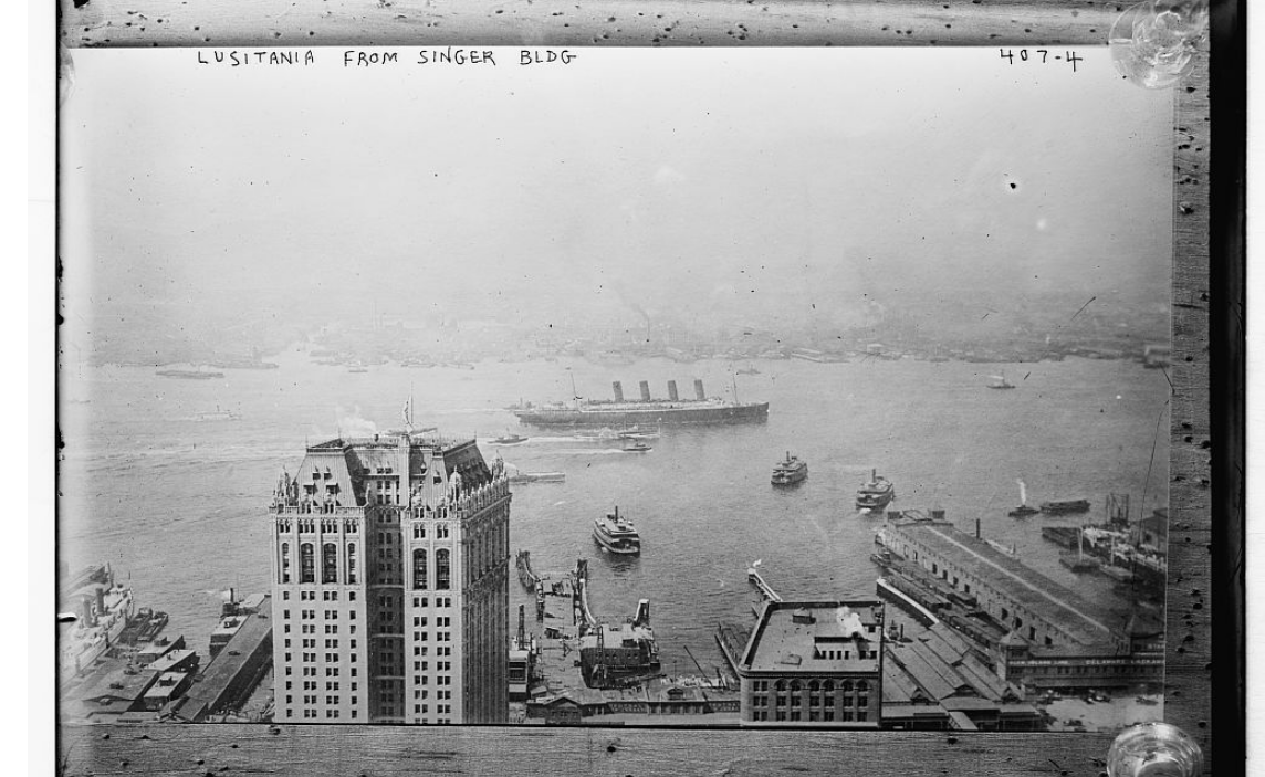 Lusitania in New York - Bain News Service, Publisher. Lusitania seen from Singer Bldg, N.Y.C. Retrieved from the Library of Congress.