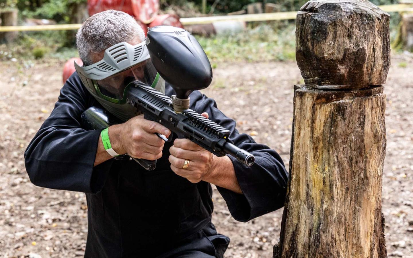 Mark 'Billy' Billingham seen taking part in the 3 v 100 BFBS paintball challenge CREDIT BFBS