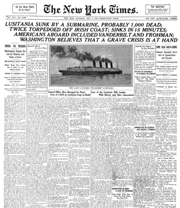 New York Times front page May 8, 1915. Credit: NYT