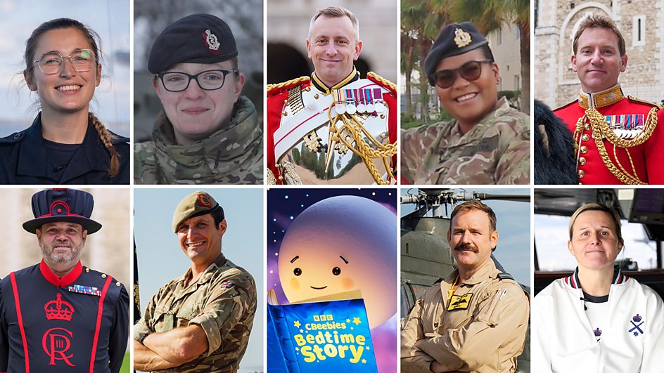 L to R top are SLt Jennie Stanford, Cpl Shannon Bennett, CoH Christopher Moore, Lt Cdr Rackie Marter, Lt Col James Shaw, L to R bottom are Yeoman Warder Andy Shedden, Maj Teraaka Middleton, Sqn Ldr Dusko Frost, CPO Samantha Covey CREDIT BBC