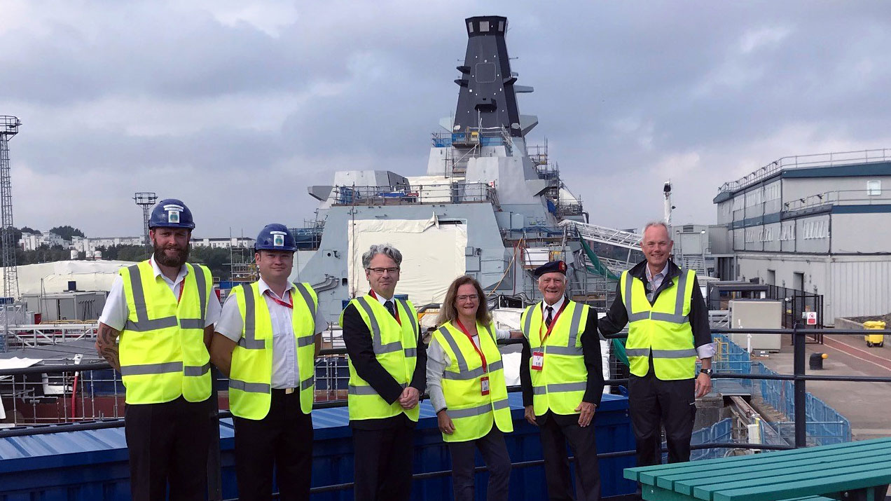 PO(Sea) ‘Woody’ Woodward, CPO(SC) James Oakley HMS Glasgow, Mr Nicholas Cunningham, Mrs Elizabeth Cunningham, Archie Hazledine, Sven Hanssen BAE Systems CREDIT Royal Navy