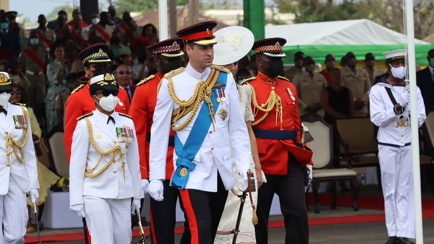 Radm Wemyss-Gorman escorts the Prince of Wales at the initial officers training programme 2022 commissioning parade CREDIT Jamaica Defence Force