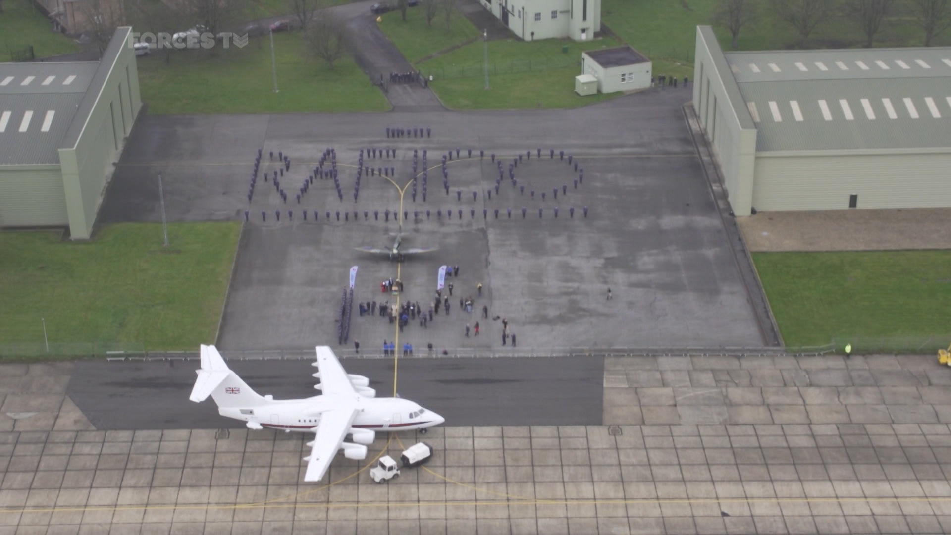 RAF cadets formed a human RAF 100 sign to welcome the veterans.