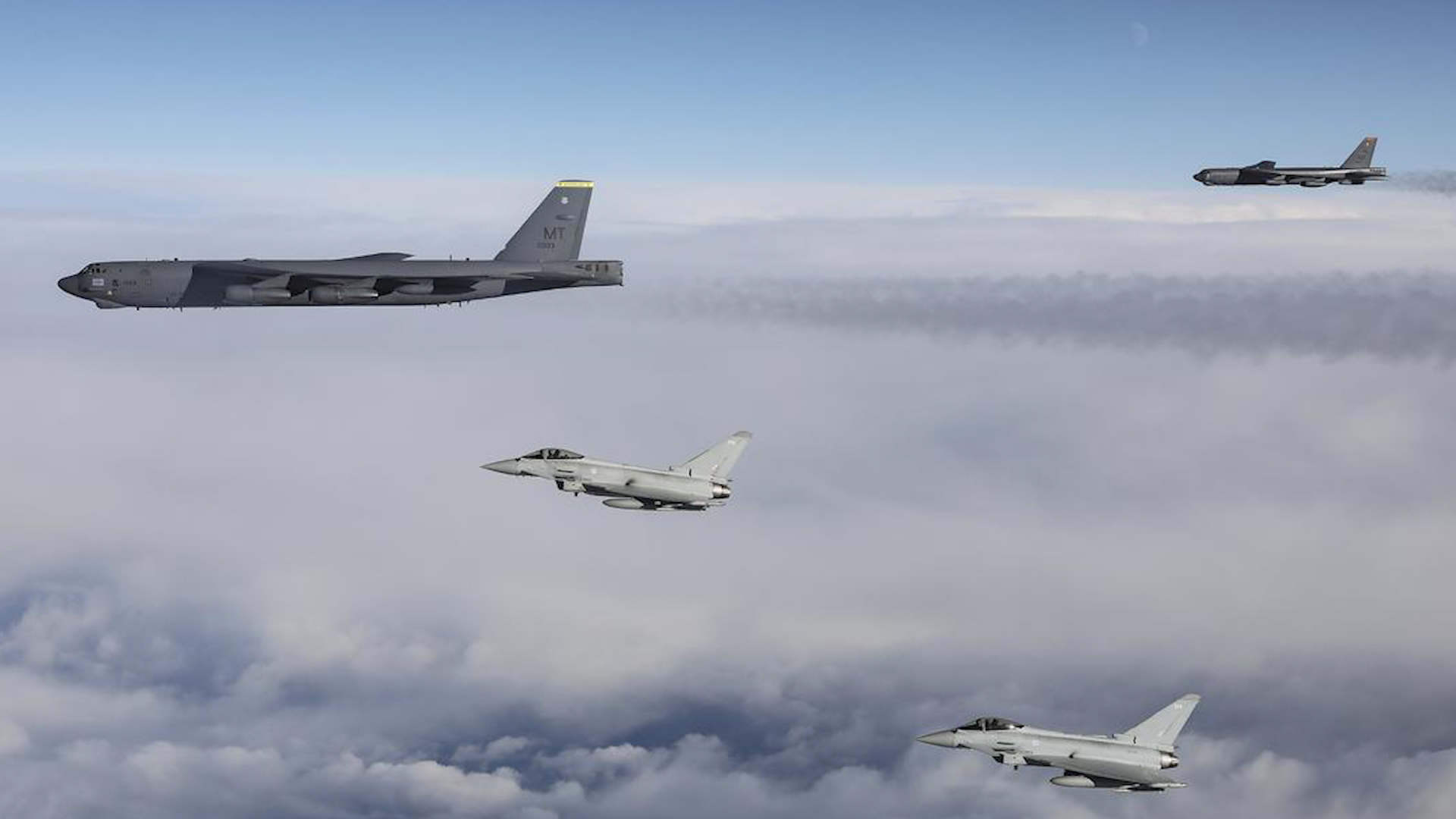 RAF Typhoons with B-52s from the US Bomber Task Force (Picture: RAF). 