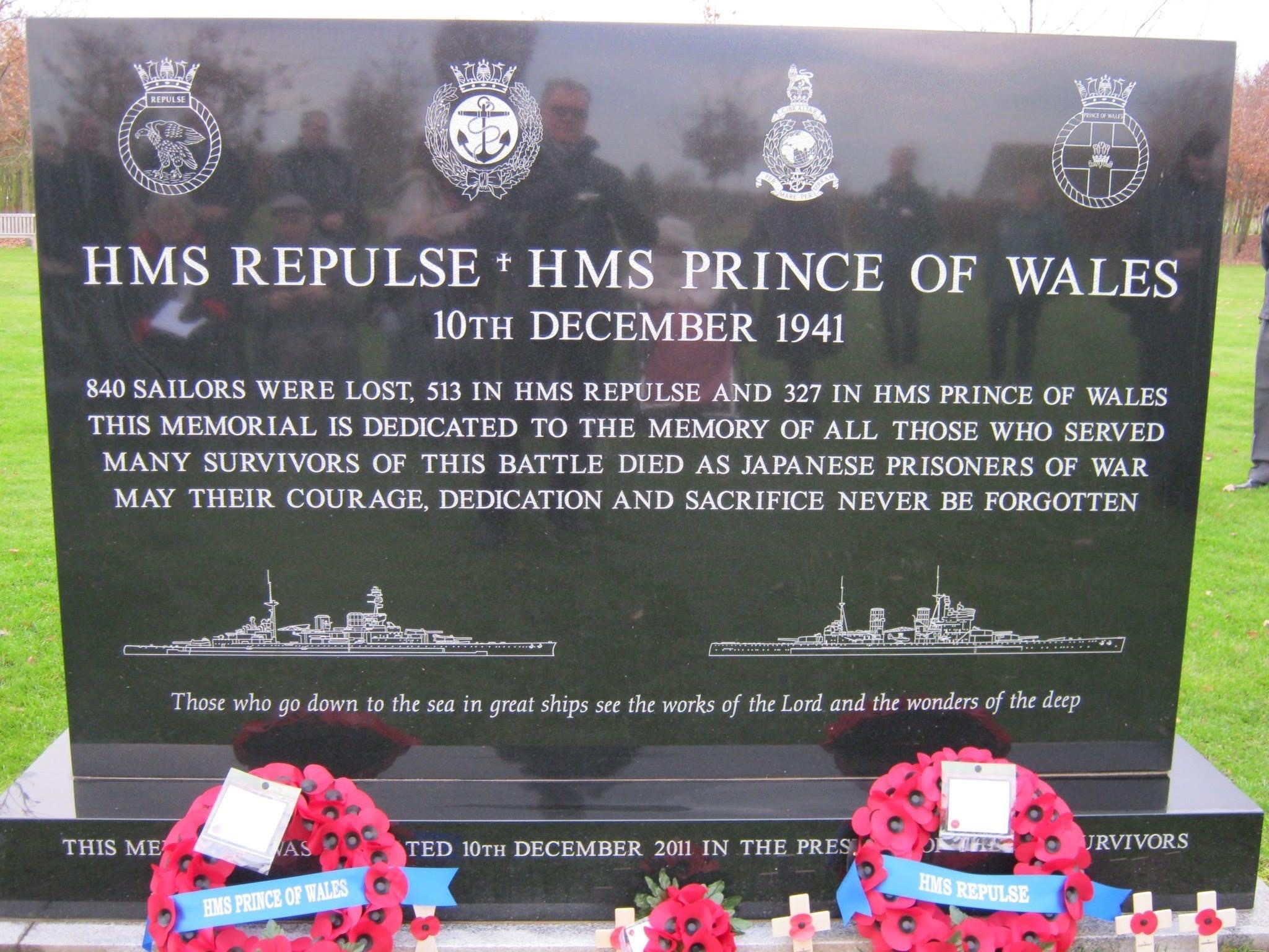 The stone memorial commemorating the loss of HMS Repulse and HMS Prince of Wales on December 10, 1941, at NME, Staffordshire. Credit: PE