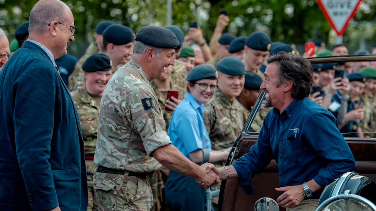 Richard Hammond being greeted by Brigadier Mike Caldicott at the RLC Museum upon his arrival with the Rolls Royce (Picture: Royal Logistics Corps).