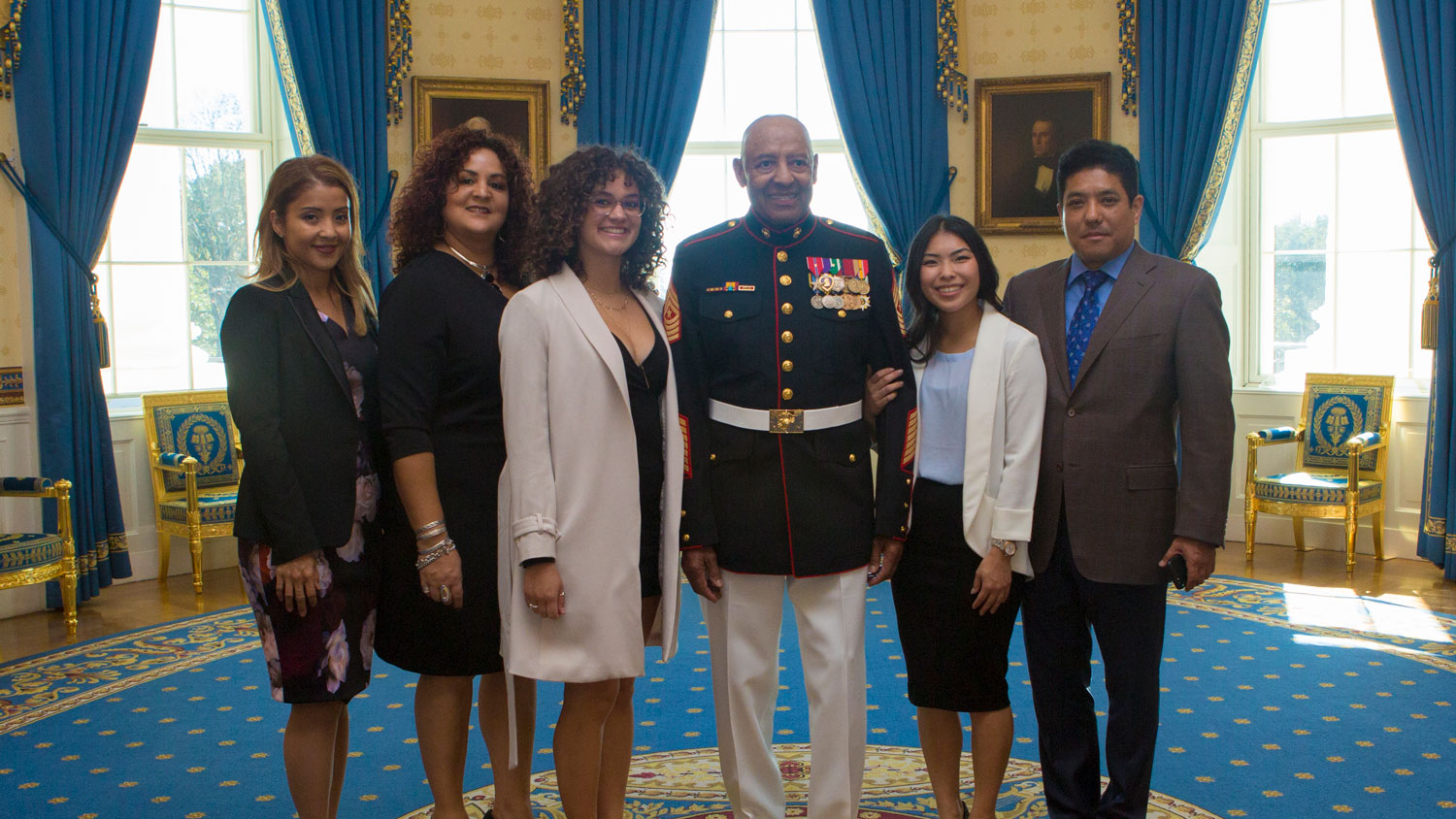 Sgt Maj John L. Canley poses for a photo with his family at the White House on 17 October 2018 CREDIT US Marine Corps