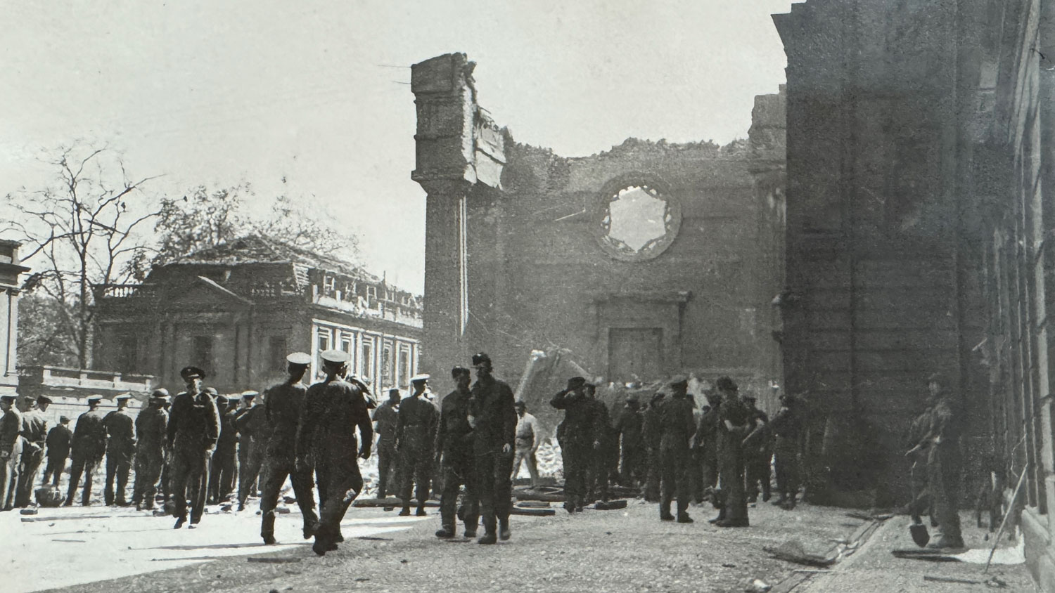 Soldiers survey the damage to the Guards' Chapel following the V1 bombing in June 1944 CREDIT Crown Copyright