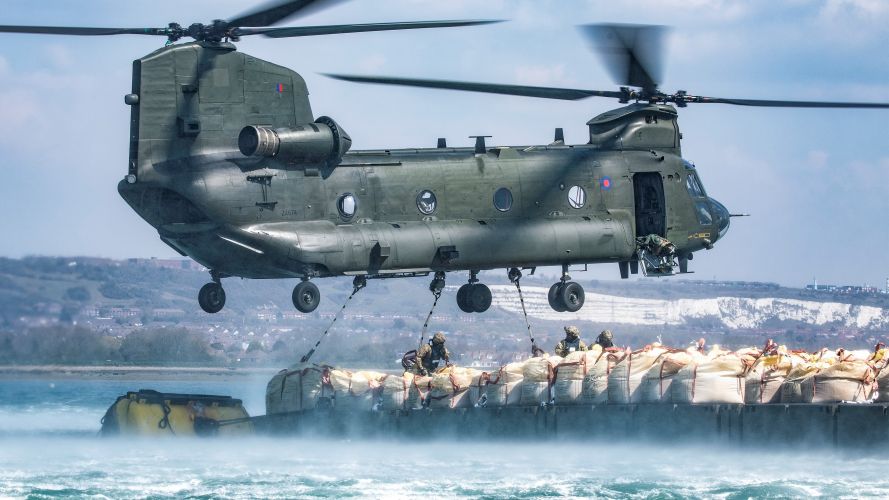 'Watertight' - RAF Chinooks from 28 Squadron at RAF Benson deliver aggregate underslung onto Pewit Island, Portsmouth