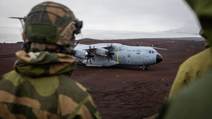 An RAF A400M lands on Jan Mayen, a volcanic island situated 1,000 km west of Norway (Picture: DVIDS) An RAF A400M lands on Jan Mayen, a volcanic island situated 1,000 km west of Norway (Picture: DVIDS)