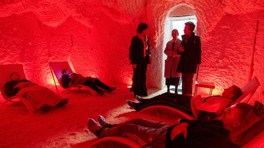 01102025 The Princess Royal (right) meets Ukrainian war veterans relaxing in a salt therapy room at a rehabilitation centre, in Kyiv CRED PA