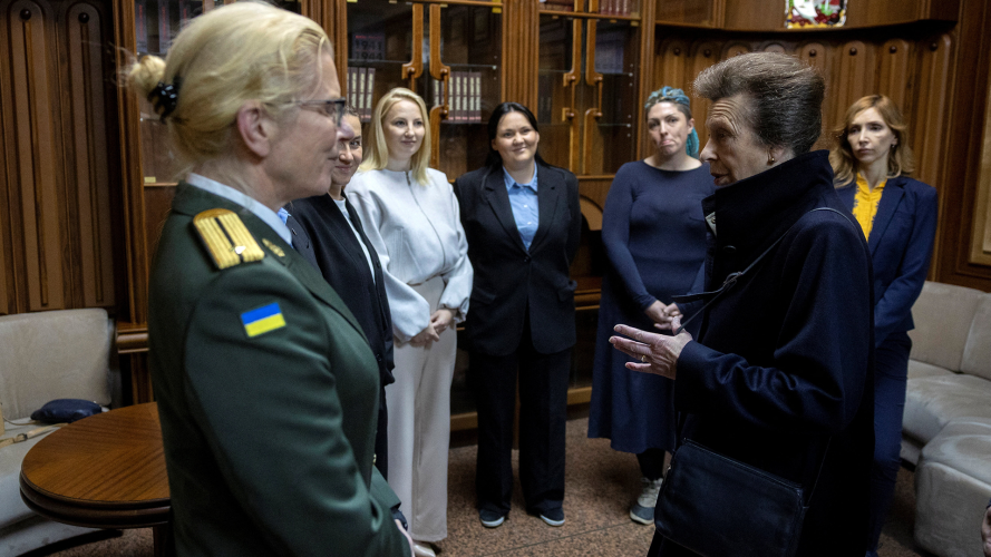 The Princess Royal speaks with service personnel and veterans at the Second World War Memorial Complex in Kyiv CRED PA.