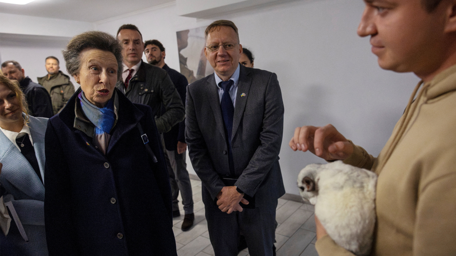 01102025 The Princess Royal talks with a Ukrainian veteran during his animal therapy session at a rehabilitation centre for Ukrainian war veterans in Kyiv CRED PA