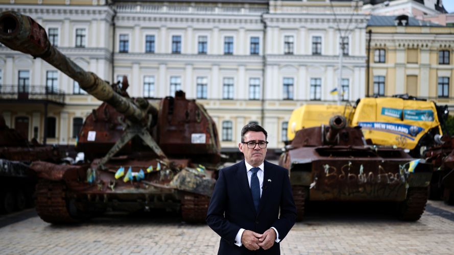Destroyed Russian military vehicles on display nearby offered a stark reminder of the fighting, with Mr Burnham examining the wreckage of equipment used by Moscow's forces (Picture: PA) PM Andy Burnham in Kyiv Picture: PA