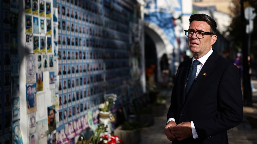 Andy Burnham surveys the Wall of Remembrance at Mykhailivska Square in the old part of Kyiv (Picture: PA) PM Andy Burnham in Kyiv Picture: PA