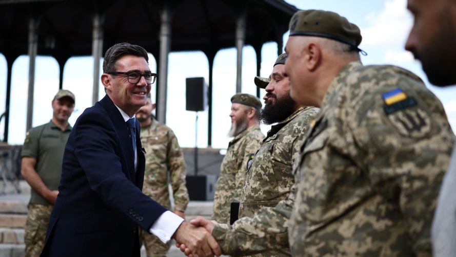 The PM meets members of the military and artistic unit which performs on the frontlines, in hospitals, and at rehabilitation centres, Cultural Forces Frontline, and the members of their mobile recording studio, in a park near Mykhailivska Square in Kyiv (Picture: PA) PM Andy Burnham in Kyiv Picture: PA