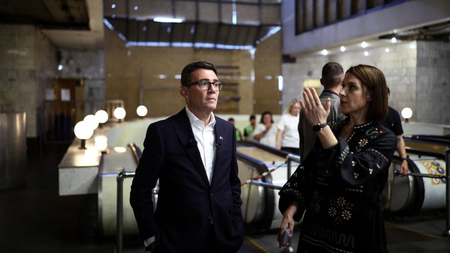 The PM is shown the boarded windows following strikes at Lukanivska metro station in Kyiv (Picture: PA) PM Andy Burnham in Kyiv Picture: PA