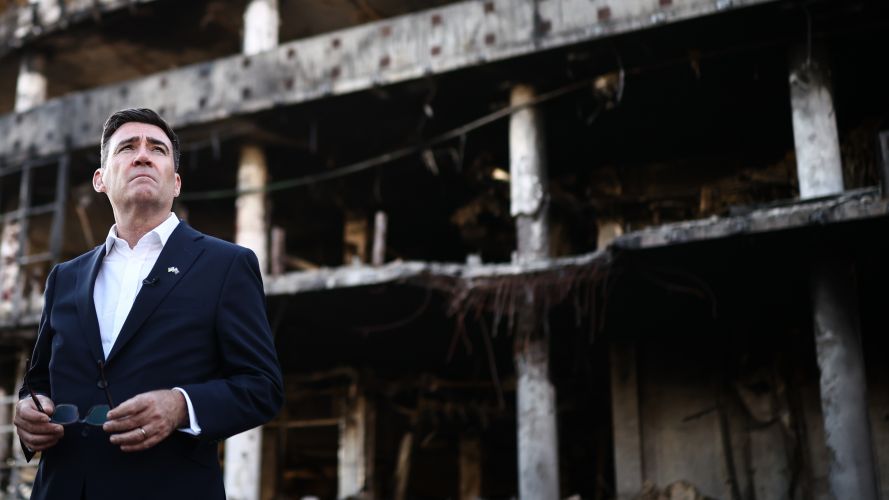 Mr Burnham is shown the rubble and wreckage left at the site of a strike by the Lukanivska market, in Kyiv (Picture: PA) PM Andy Burnham in Kyiv Picture: PA