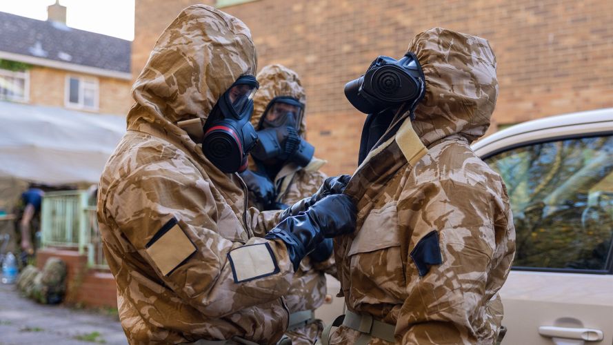 A specialist team of EOD experts kit up before approaching a suspect device during a CBRN and EOD training exercise in an abandoned hospital in Papworth A specialist team of EOD experts kit up before approaching a suspect device during a CBRN and EOD training exercise in an abandoned hospital in Papworth