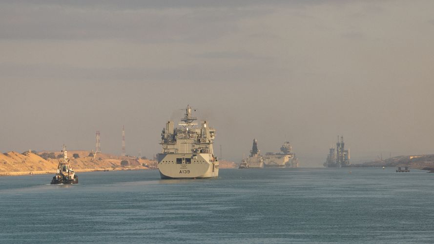 His Norwegian Majesty's Ship Road Amundsen had led CSG25 through the strait, but once in the Suez Canal she swapped places to be astern of HMS Prince of Wales and RFA Tideforce His Norwegian Majesty's Ship Road Amundsen had led CSG25 through the strait, but once in the Suez Canal she swapped places to be astern of HMS Prince of Wales and RFA Tideforce