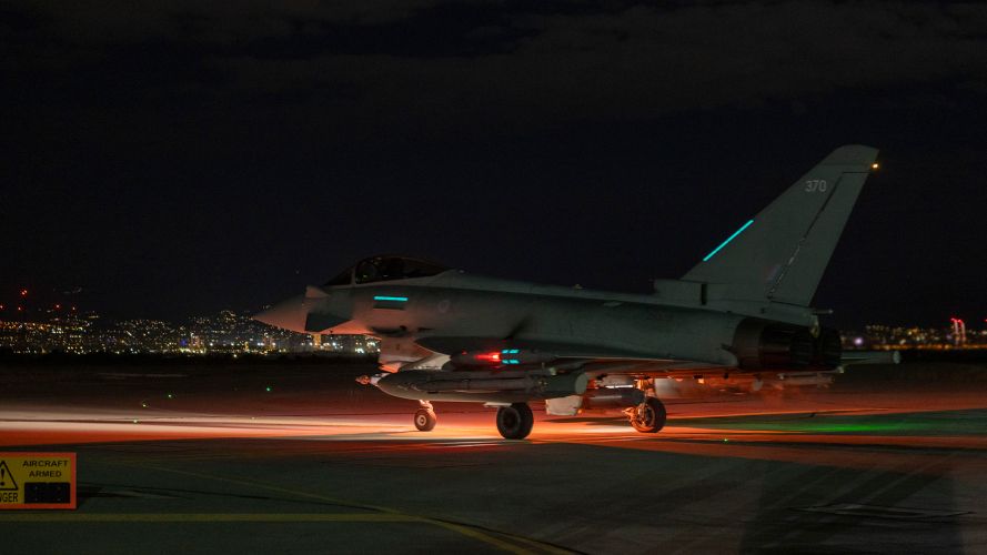 The Typhoon lights up the otherwise pitch black surroundings of the base (Picture: MOD) The Typhoon lights up the otherwise pitch black surroundings of the base (Picture: MOD)