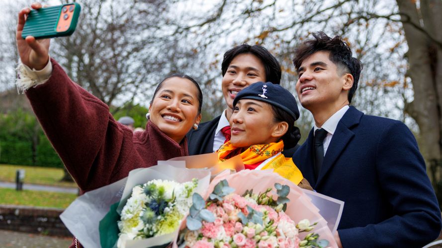 Kristina Gurung, Goran Lawati, Signaller Rinizi Lwati (centre) and Angkit Gurung take a selfie together after her passing out parade at Army Training Centre Winchester Kristina Gurung, Goran Lawati, Signaller Rinizi Lwati (centre) and Angkit Gurung take a selfie together after her passing out parade at Army Training Centre Winchester