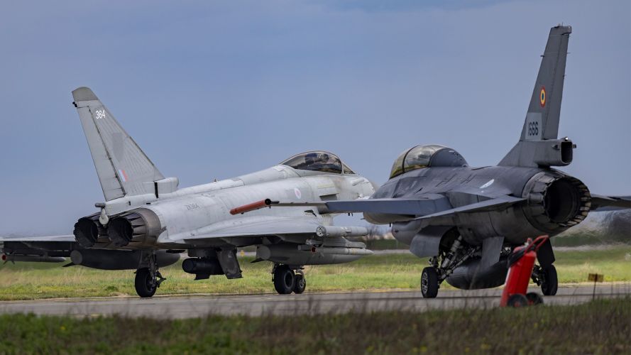 A Typhoon from 3 (F) Squadron carries out a tango scramble as a two-seat F-16 follows on - the aim of this type of scramble is the rapid interception of a  potential threat