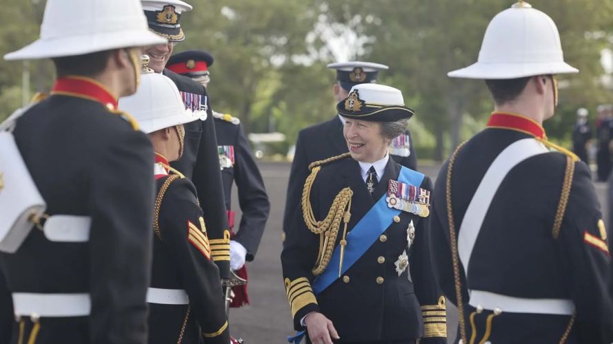 Her Royal Highness inspected the Guard of Honour before reviewing the Band of His Majesty’s Royal Marines Lympstone, who provided the musical accompaniment throughout the event (Picture: PA) 08062026 Princess Anne at HMS Sultan at Gosport 050626 pic PA