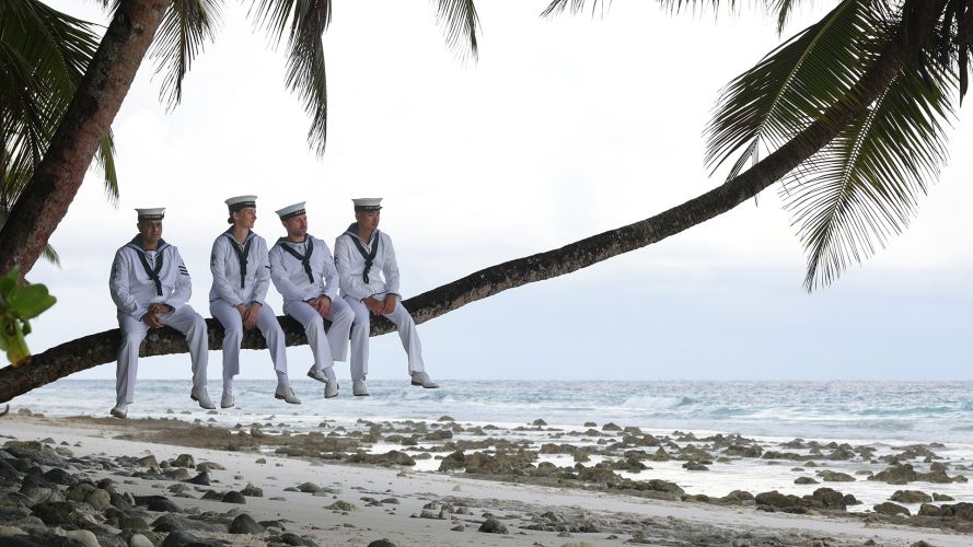 HMS Tamar's crew chill out on a branch in Diego Garcia (Picture: Royal Navy)