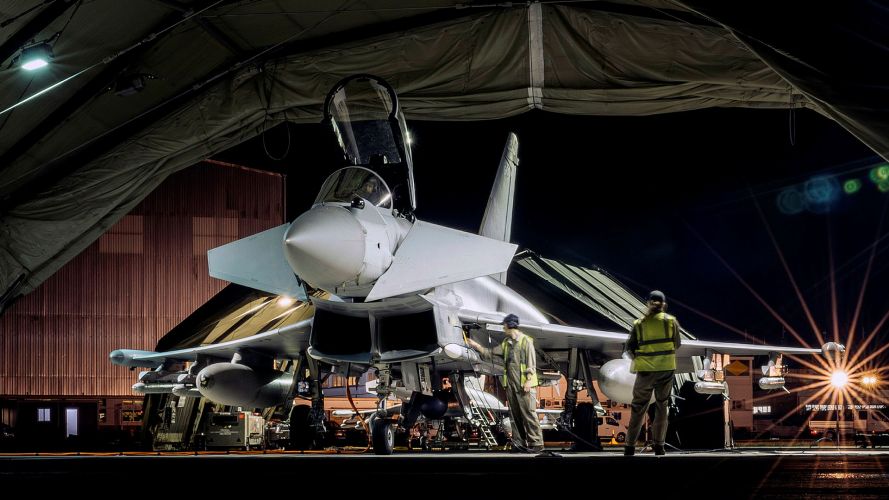 A Typhoon FGR Mk4 gets prepared to carry out defensive counter-air sortie operations across the Middle East