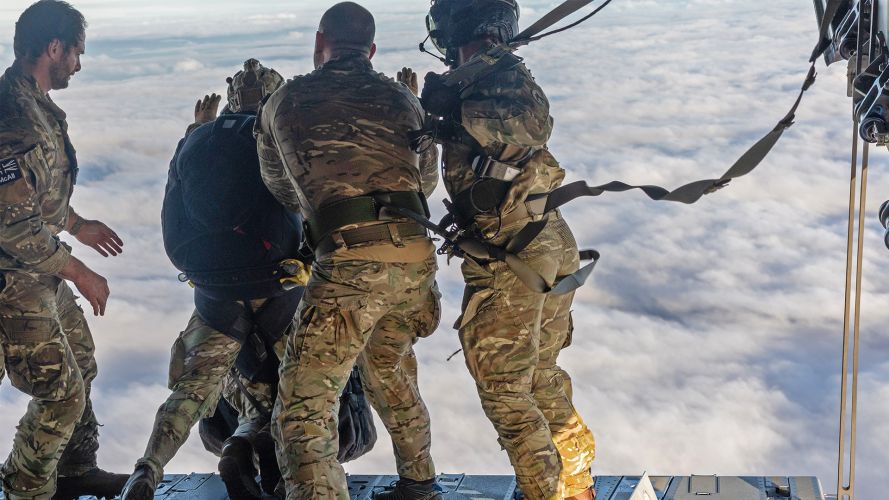 A nurse and a paratrooper from 16 Air Assault Brigade make a tandem jump off the ramp of the Atlas – a jump like this allows personnel who are not para-trained to make a drop where they are needed A nurse and a paratrooper from 16 Air Assault Brigade make a tandem jump off the ramp of the Atlas - a jump like this allows personnel who are not para-trained to make a drop where they are needed