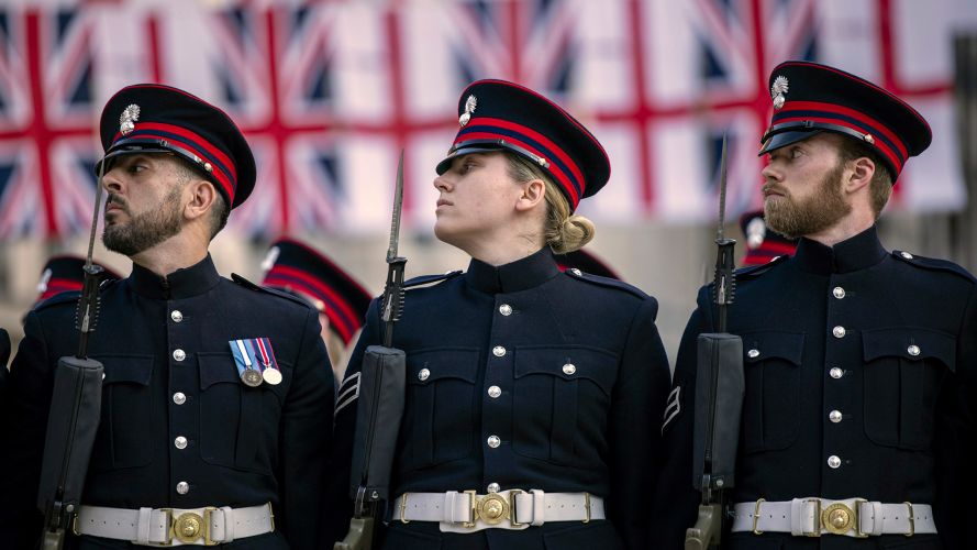 Members of the Honourable Artillery Company form a Guard of Honour for French president Emmanuel Macron's attendance at London Guildhall