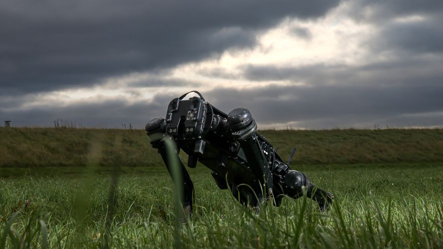 A Q40 QUGV robot dog is demonstrated during Exercise Trident Sprint at RMB Chivenor as part of an initiative aligned with the First Sea Lord's vision for a hybrid, digitally connected Royal Navy