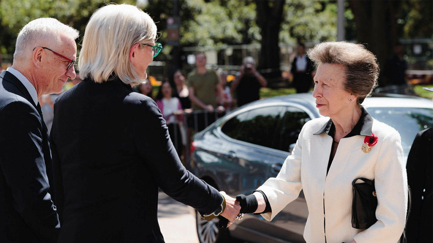 Princess Anne greets the Governor General of the Commonwealth of Australia, Ms Sam Mostyn, at Anzac Park Memorial in Hyde Park, Sydney, prior to the Remembrance Sunday Service