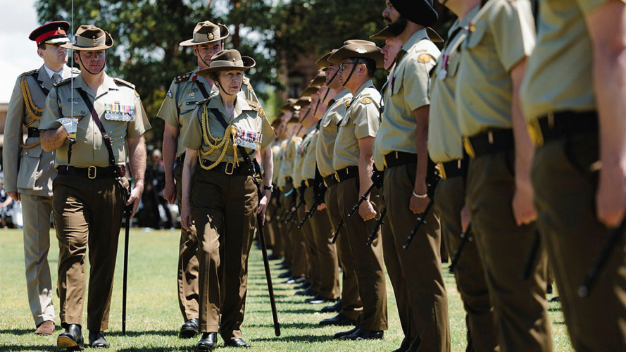 The Princess Royal, inspects the parade during the Royal Australian Corps of Signals centenary parade at Victoria Barracks in Sydney
