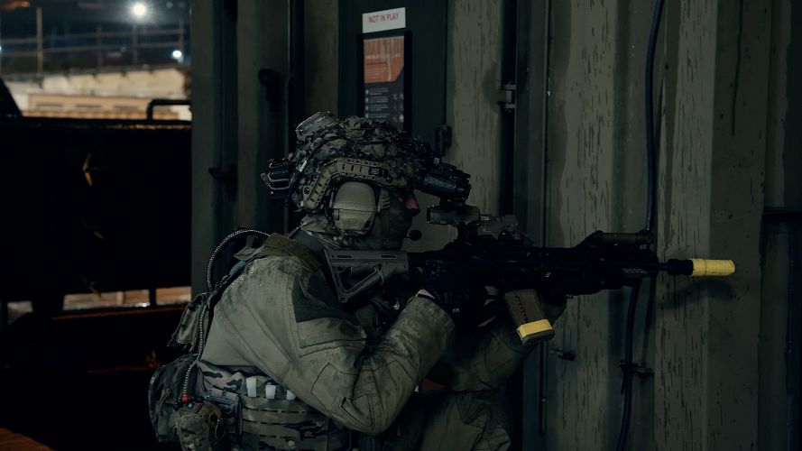 On board SD Northern River, a Royal Marine takes an arc of fire 